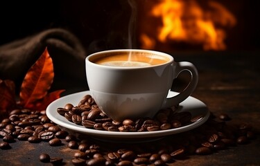 On a vintage background, there is a cup of coffee with coffee beans as the background. Generative AI