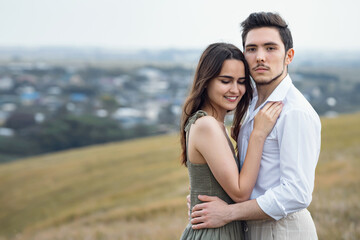 Obraz premium Courageous man and positive woman pose standing on hill slope top overlooking large village in cloudy weather. Concept of harmony in relationships and love