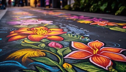 Photo of colorful flower drawing on the ground