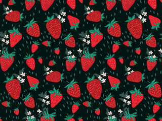 Seamless pattern with wild strawberries, flowers in a simple hand-drawn Scandinavian style Abstract strawberry berries on a dark green background print. Beautiful botanical print, summer motifs Vector