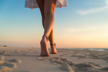 Close-up of a young woman's feet walking happily on the sandy beach against a beautiful blue sky. Lifestyle concept suitable for vacations and holidays. - obrazy, fototapety, plakaty