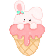 Cute bunny and strawberry ice cream in watercolor.