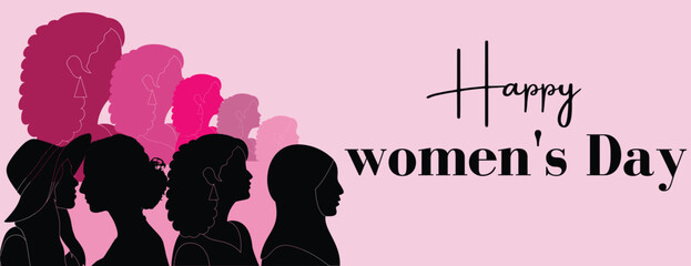 International Women's Day horizontal banner. Vector illustration. Women of different nationalities. Struggle for freedom, 
