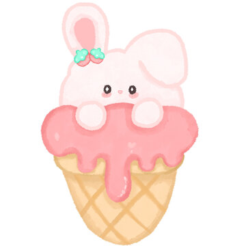 Cute bunny and strawberry ice cream in watercolor.