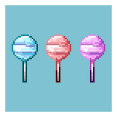 Pixel art sets of lollipop candy for with variation color items asset.blue,pink,and purple lollipop on pixelated style.8bits perfect for game asset or design asset element for your game design asset.