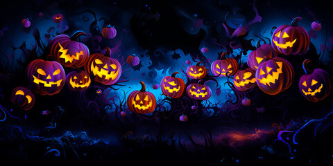 Fototapeta premium cartoon illustration of Jack o lantern pumpkins in a scary dark foggy forest, Halloween concept