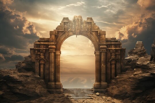 Ancient arched gate in the clouds