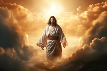 Jesus Christ walking on the clouds with dramatic sunlight in the background.