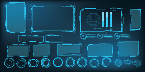 digital interface HUD elements set pack. User Interface, frame screens. Callouts titles, FUI circle set, Loading bars. Dashboard reality technology screen. Vector	
