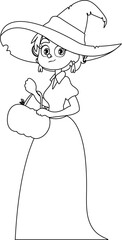 A little girl dressed as a witch is happily holding a pumpkin, eagerly waiting for Halloween.Linear style.