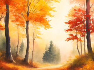 Autumn watercolor forest view 