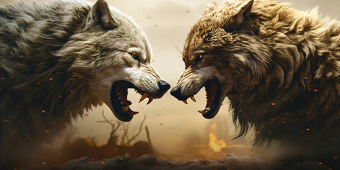 two wolves face each other, aggressive mood of a turf war to make the hierarchy clear