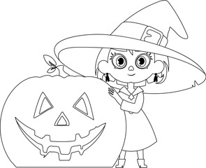 A little girl is wearing a witch costume, happily holding a pumpkin and eagerly expecting Halloween.Linear style.