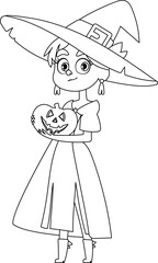 A little girl is wearing a witch costume, she is really happy and eagerly waiting for Halloween while holding a pumpkin.Linear style.