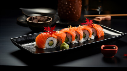 Sushi roll Philadelphia with salmon, avocado, cream cheese on black background