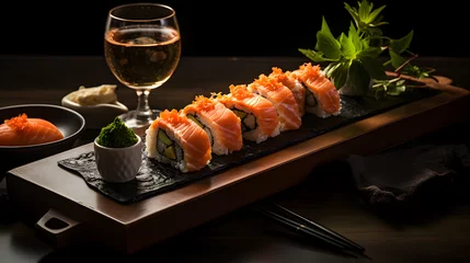Foto op Plexiglas Close up of sashimi sushi set with chopsticks and soy on black background © Богдан Бурий