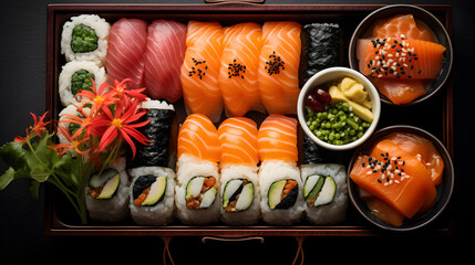 Japanese seafood sushi set on a Dark Background