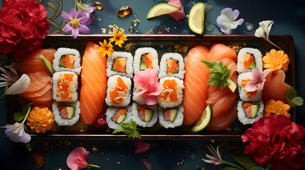 Overhead image of variety of sushi and rolls served on a plate