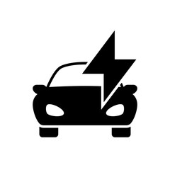 Electric car with thunder black icon on white