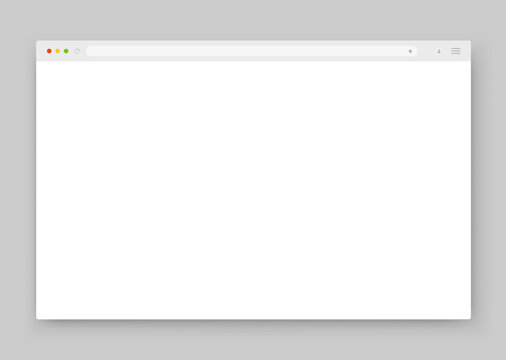 An empty browser window in white on a gray background. Website layout with search bar, toolbar and buttons. Vector illustration.