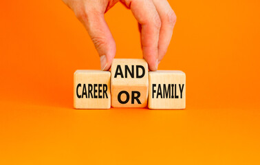 Career family conflict symbol. Concept words Career or and family conflict on wooden block on a beautiful orange background. Businessman hand. Business career family conflict concept. Copy space. - obrazy, fototapety, plakaty