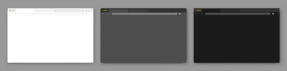 Browser windows. A set of realistic empty browser windows in white, gray and black with a toolbar, search bar and shadow on a dark gray background. Vector EPS 10.