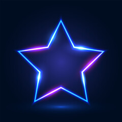 Neon star-shaped frame with shining effects and highlights on a dark blue background. Futuristic sci-fi modern neon glowing banner. Vector illustration.