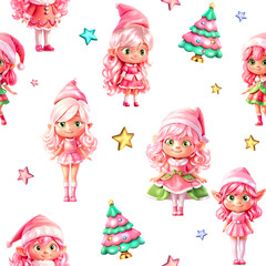 Cute Christmas pink elf. 3d cartoon character. Isolated art, png. Seamless pattern.