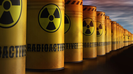 Nuclear radioactive waste barrels in row - obrazy, fototapety, plakaty