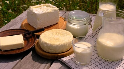 Cow milk and dairy products on the farm. Selective focus.