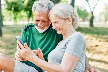 woman man outdoor senior couple happy lifestyle retirement together  love fun elderly active mobile...