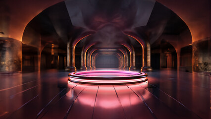 Obraz premium Round modern neon podium in an imaginary virtual studio, illustration for presentations.