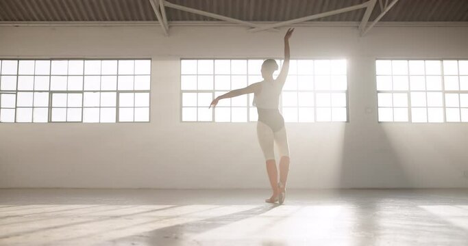 Dance, ballet and energy with black woman in studio for performance, theater or creative academy Health, music and freedom with ballerina training in class for wellness, practice routine or balance