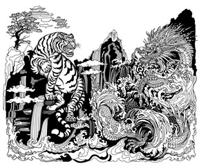 Asian Dragon and White Tiger Encounter at the Waterfall. Celestial feng shui animals. Mythological creatures facing each other surrounded by water waves. Chinese landscape. Vector illustration in grap