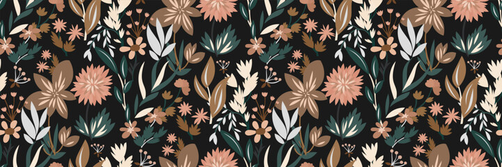 Seamless floral pattern with colors in a muted trending color palette, cute ditsy print with  botanical motif. Beautiful flower surface design with hand drawn plants: flowers, leaves, twigs...Vector
- 641701773
