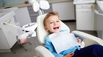 Generative AI, a small child, a baby with an open mouth sits in a chair at the dentist, dental treatment, a children's clinic, a tooth filling, a snow-white smile, healthy teeth, a patient, doctor
