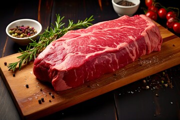 Aged Black Angus Beefsteak Cut. Raw Organic New York Strip Steak with Visible Marbling and Red Eye...