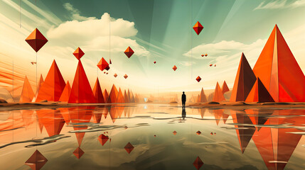 An array of floating pyramids, casting elongated shadows on an abstract plane