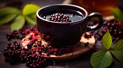 Freshly Brewed Elderberry Tea in a Small Cup with Fresh Elder Berries and Herbs on Black Background