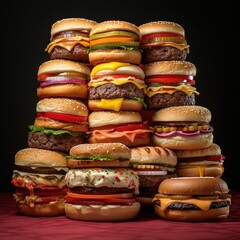 Mountains of delicious burgers and cheeseburgers on the table. Generative AI