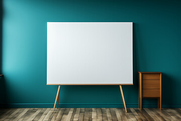 Plain white chalkboard on blue background, clean and sharp lighting, school. - obrazy, fototapety, plakaty