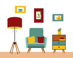 Retro living room interior with armchair, lamp and nightstand. Vintage furniture. Flat vector illustration.