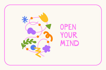 Open your mind poster design. Abstract shapes and doodles in various compositions. Modern hand drawn organic doodle, line, nature, flower elements vector illustration for print, posters, social media 