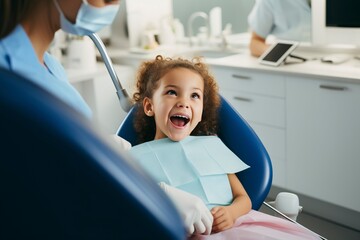 A cheerful young child sits in the dentist's chair, highlighting the importance of dental care. 'generative AI'	 - obrazy, fototapety, plakaty