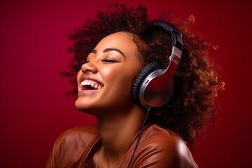 Headshot portrait photography of a joyful girl in her 30s listening to music with headphones against a burgundy red background. With generative AI technology