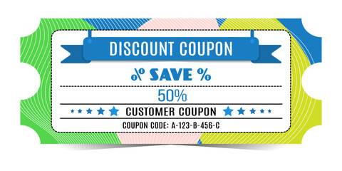 50% off discount coupon in trendy minimalist style with color spots and line. Coupon for sale, promotions. Isolated on white background.