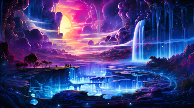 A cascading waterfall of liquid neon, pooling into a reservoir of pure energy and information