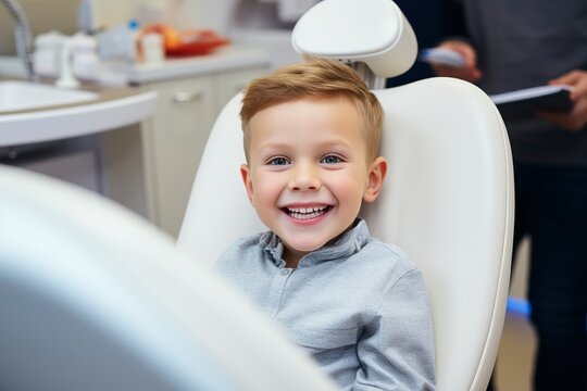 A cheerful young child sits in the dentist's chair, highlighting the importance of dental care. 'generative AI'