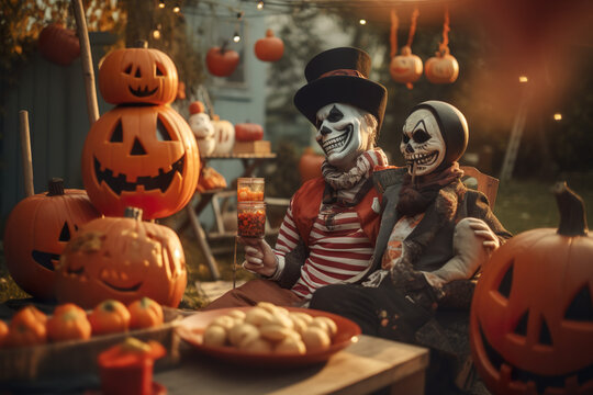 A couple in Halloween costumes sitting at a Halloween party.