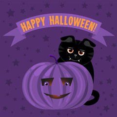 Cunning and cheerful black lop-eared cat with a purple pumpkin. Ribbons with Happy Halloween. Congratulations on Halloween. Illustration on purple background with stars.